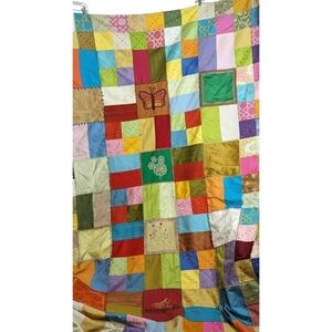 Large Eclectic Vintage Patchwork Quilt Embroidered Gold Satin Back Mixed Media